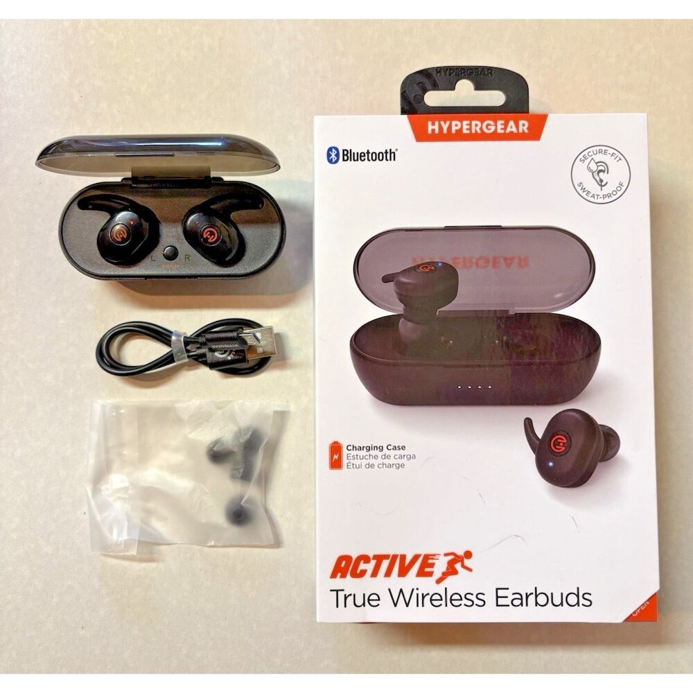 HyperGear Active Wear True Wireless Black Earbuds w/Case Charger Tips Bundle